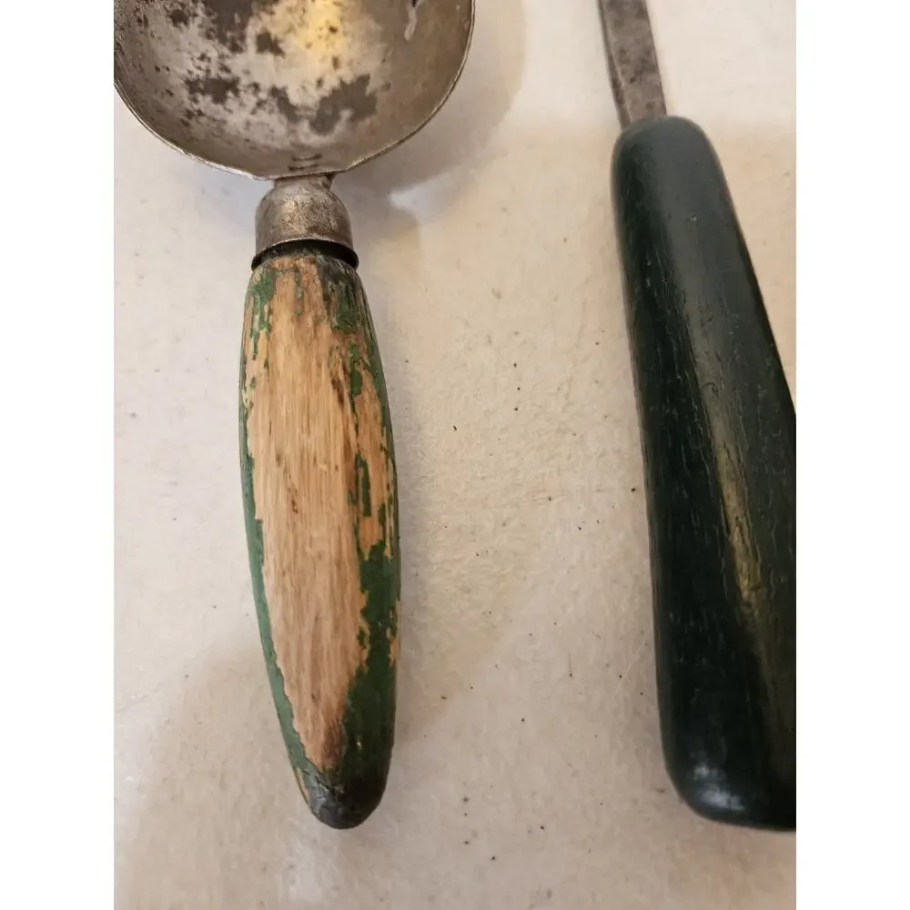 Vintage Kitchen Utensil Lot Wood Handle Scoop Forks Strainer Melon Baller Opener